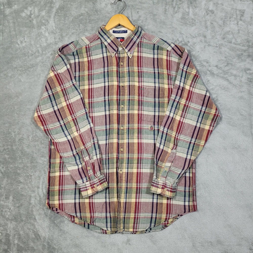 Vintage Tommy Hilfiger Shirt Mens XL Plaid Linen Blend Button Down Long Sleeve